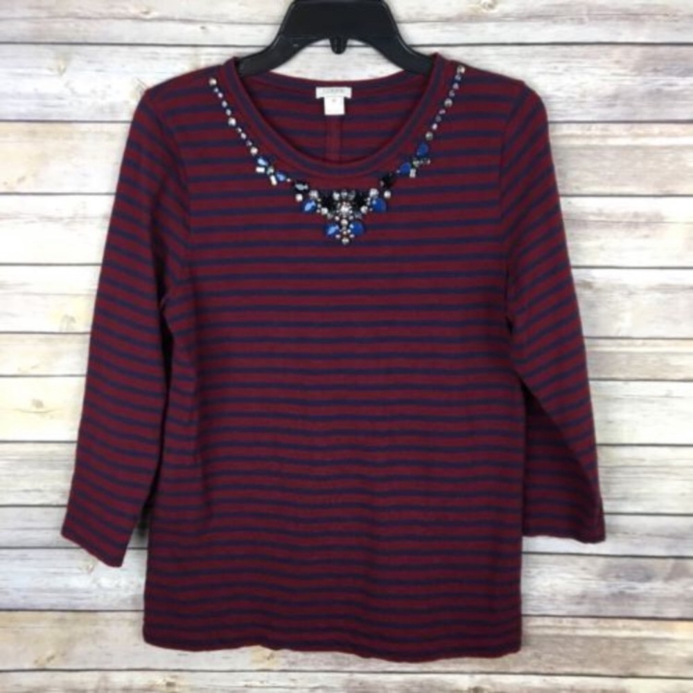 J.Crew Knit Top Red Navy Stripe Jewel Scoop Neck